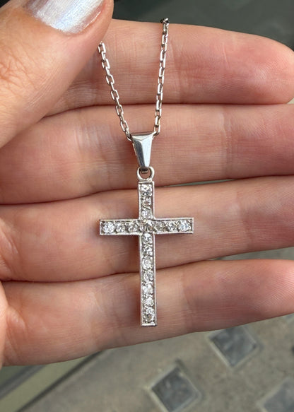Vintage Old Cut Diamond and 18 Carat White Gold Cross Pendant Necklace