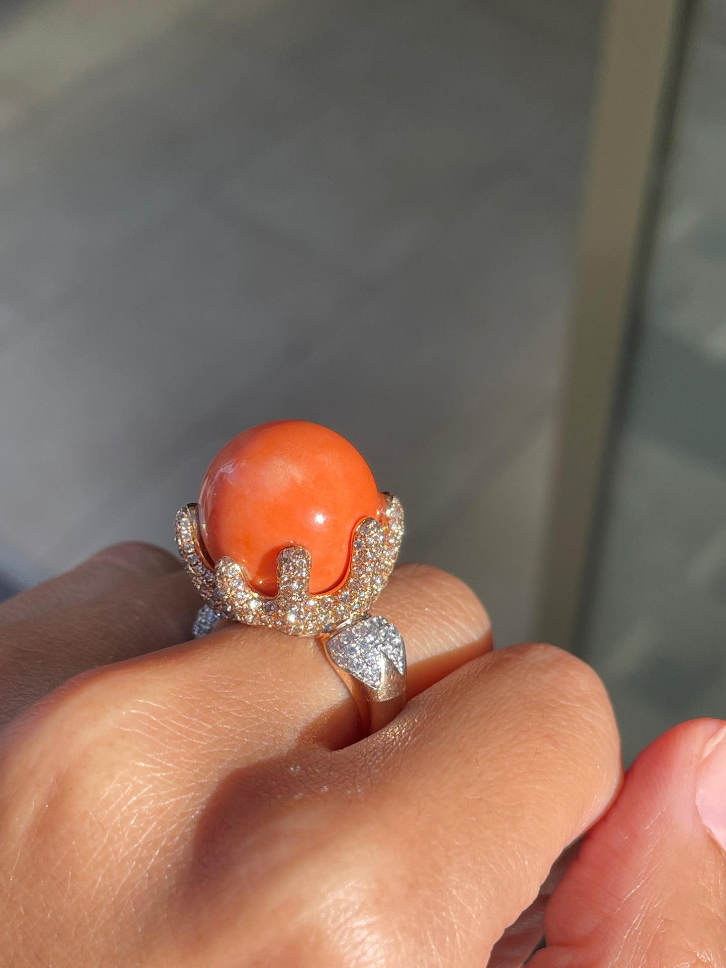 Large Coral and Diamond 18 Carat Rose and White Gold Cocktail Ring