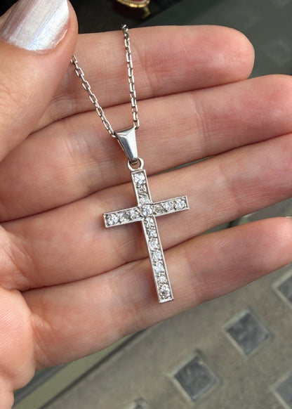 Vintage Old Cut Diamond and 18 Carat White Gold Cross Pendant Necklace
