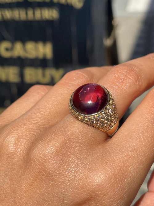Cabochon Tourmaline and Diamond 18 Carat Yellow Gold Bombé Cluster Cocktail Ring