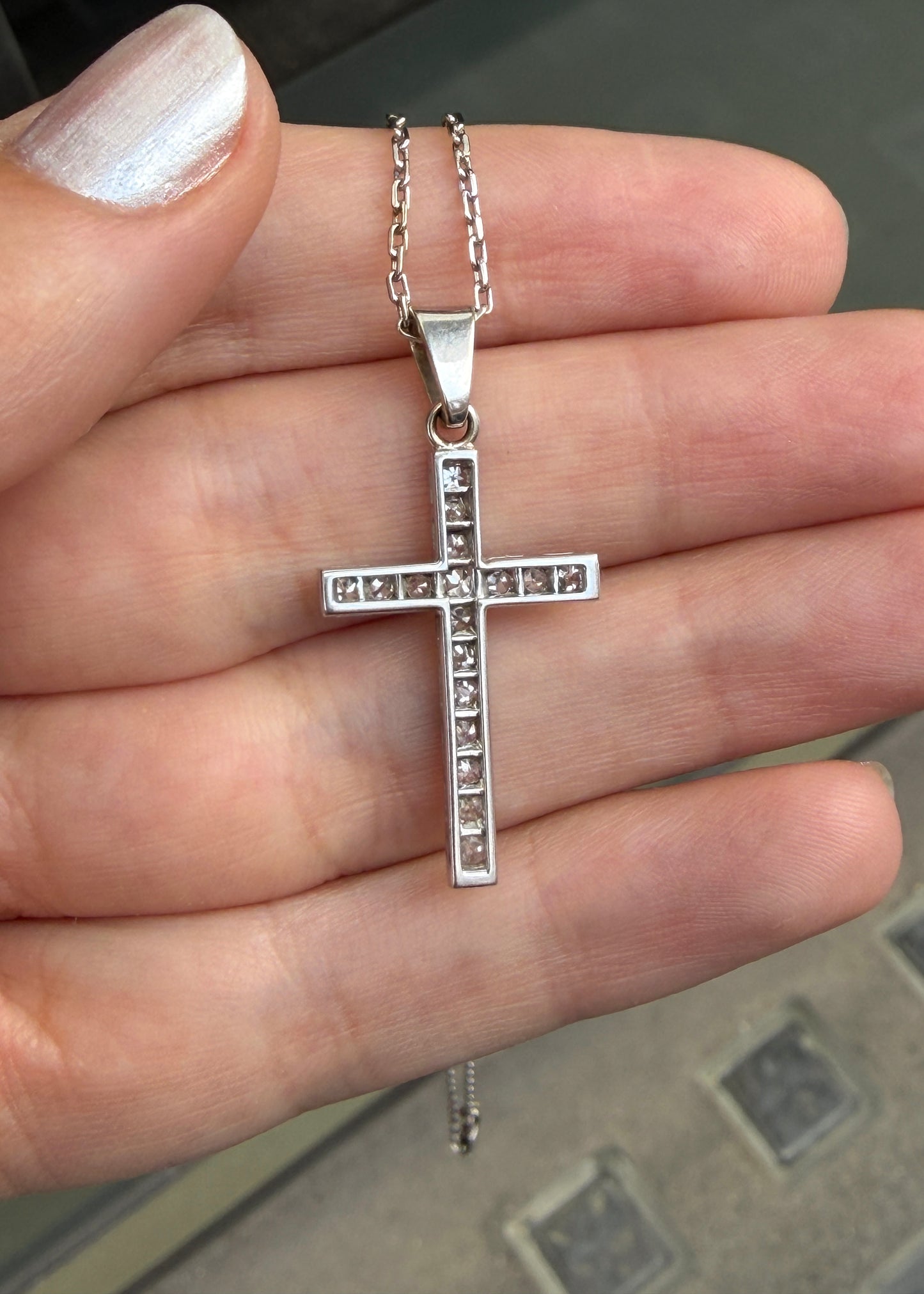 Vintage Old Cut Diamond and 18 Carat White Gold Cross Pendant Necklace