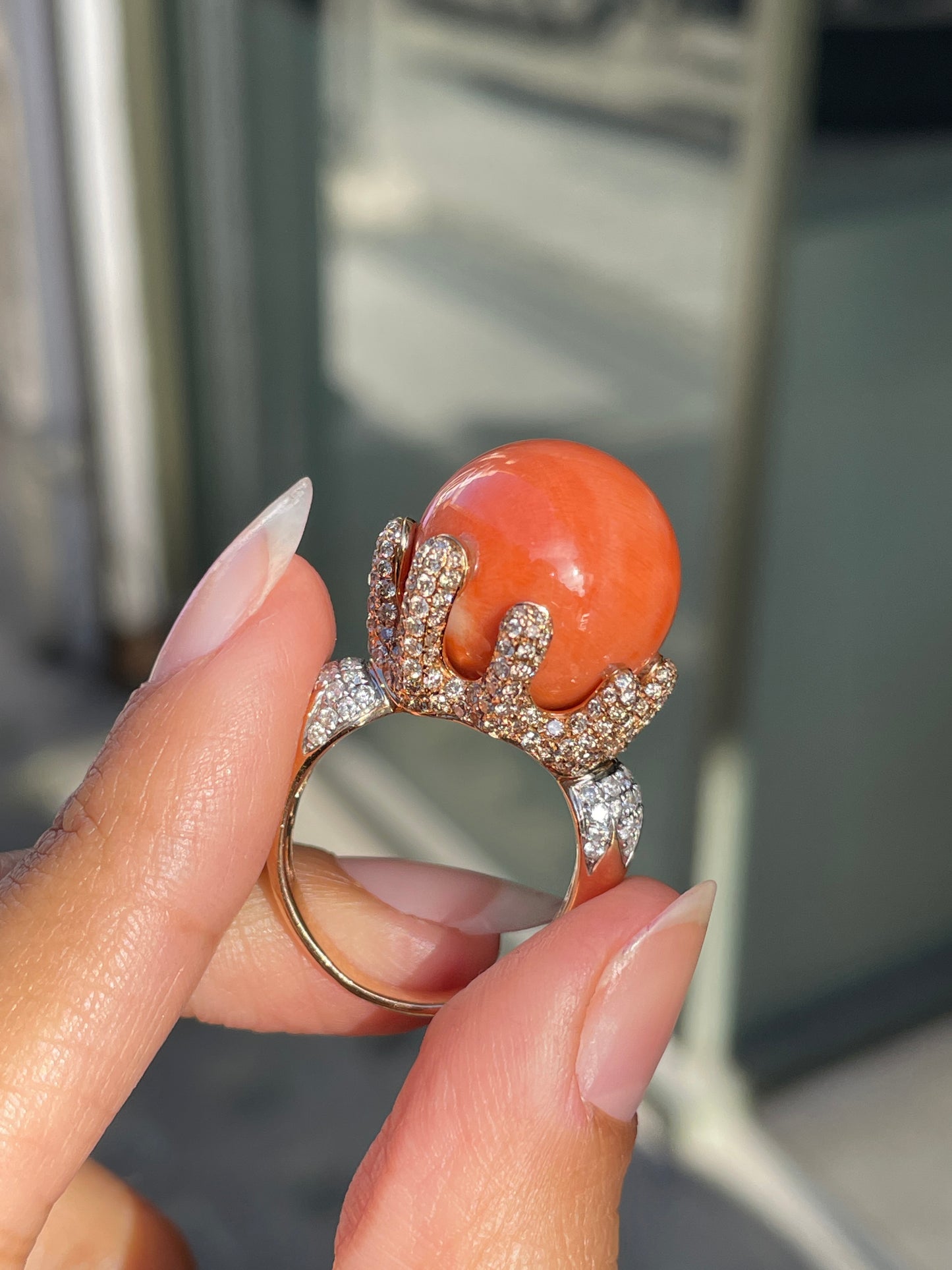 Large Coral and Diamond 18 Carat Rose and White Gold Cocktail Ring