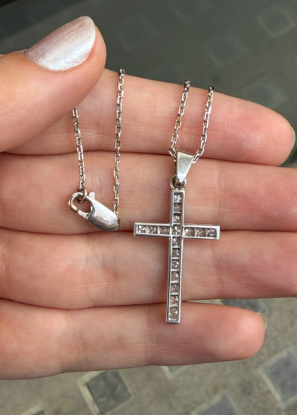 Vintage Old Cut Diamond and 18 Carat White Gold Cross Pendant Necklace