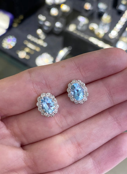 1.98 Carat Aquamarine and Diamond 18 Carat White Gold Cluster Stud Earrings