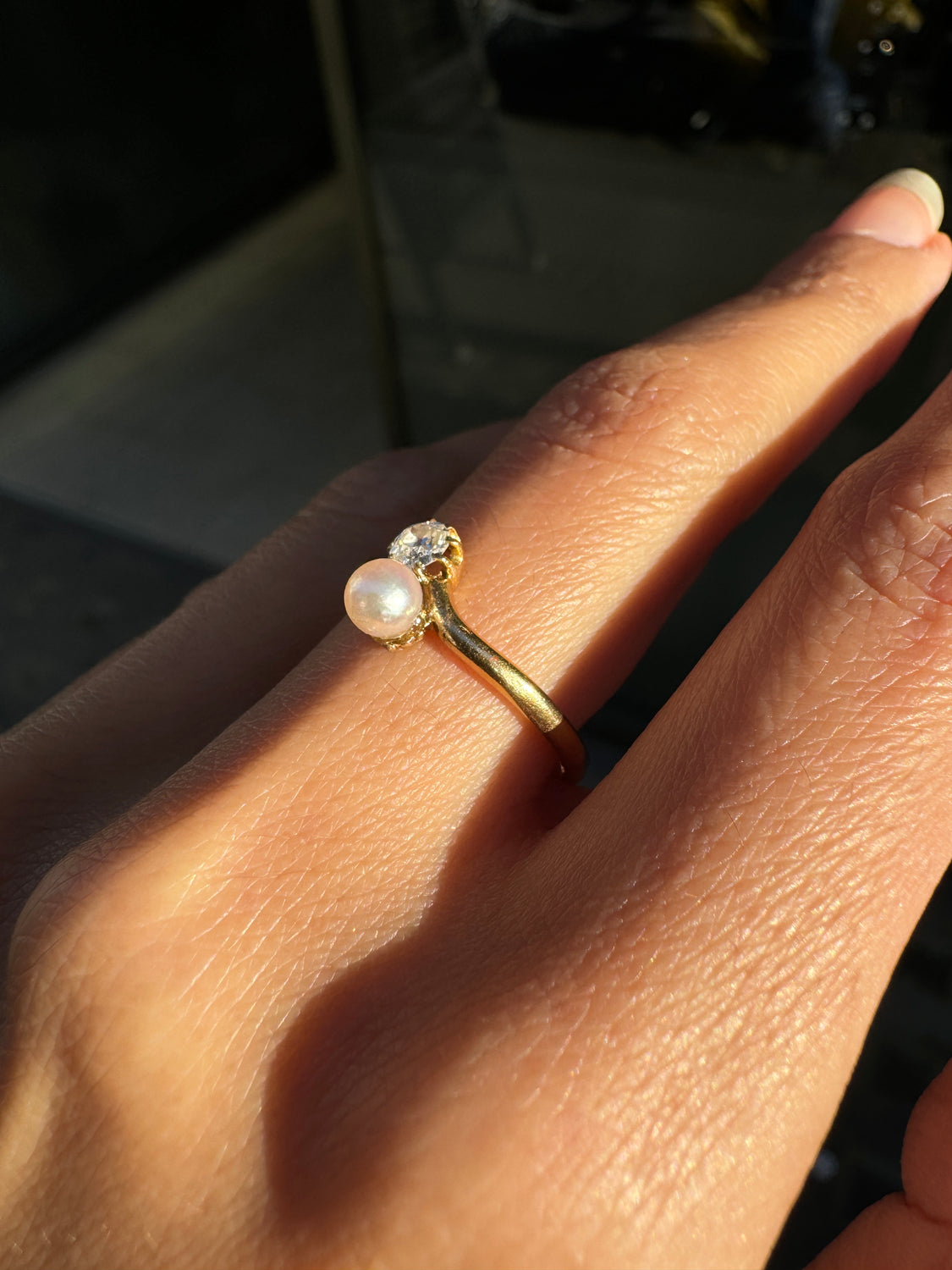 Old Mine Cut Diamond and Pearl Toi Et Moi Edwardian Ring in 18 Carat Yellow Gold