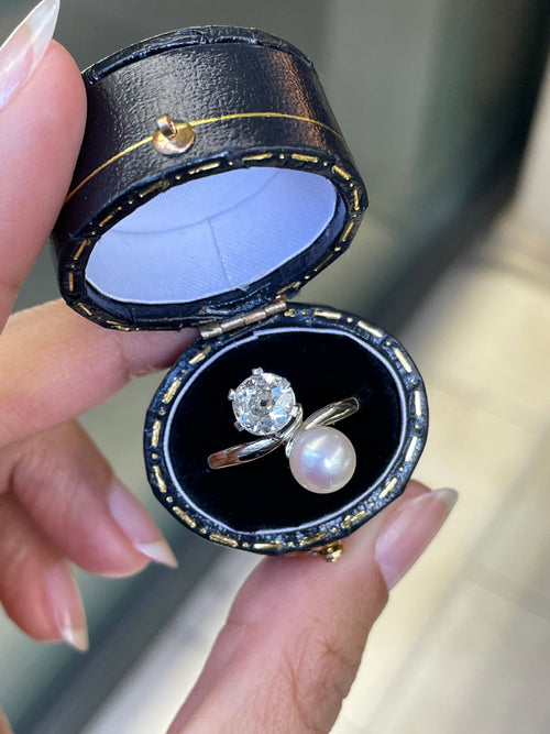 Antique Pearl and Diamond Toi Et Moi 18 Carat White Gold Engagement Ring