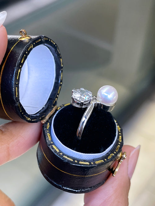 Antique Pearl and Diamond Toi Et Moi 18 Carat White Gold Engagement Ring