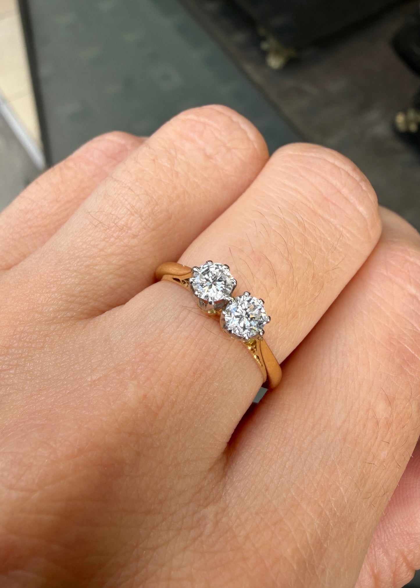 Round Brilliant Cut Diamond 18K Yellow Gold & Platinum Two-Stone Engagement Ring