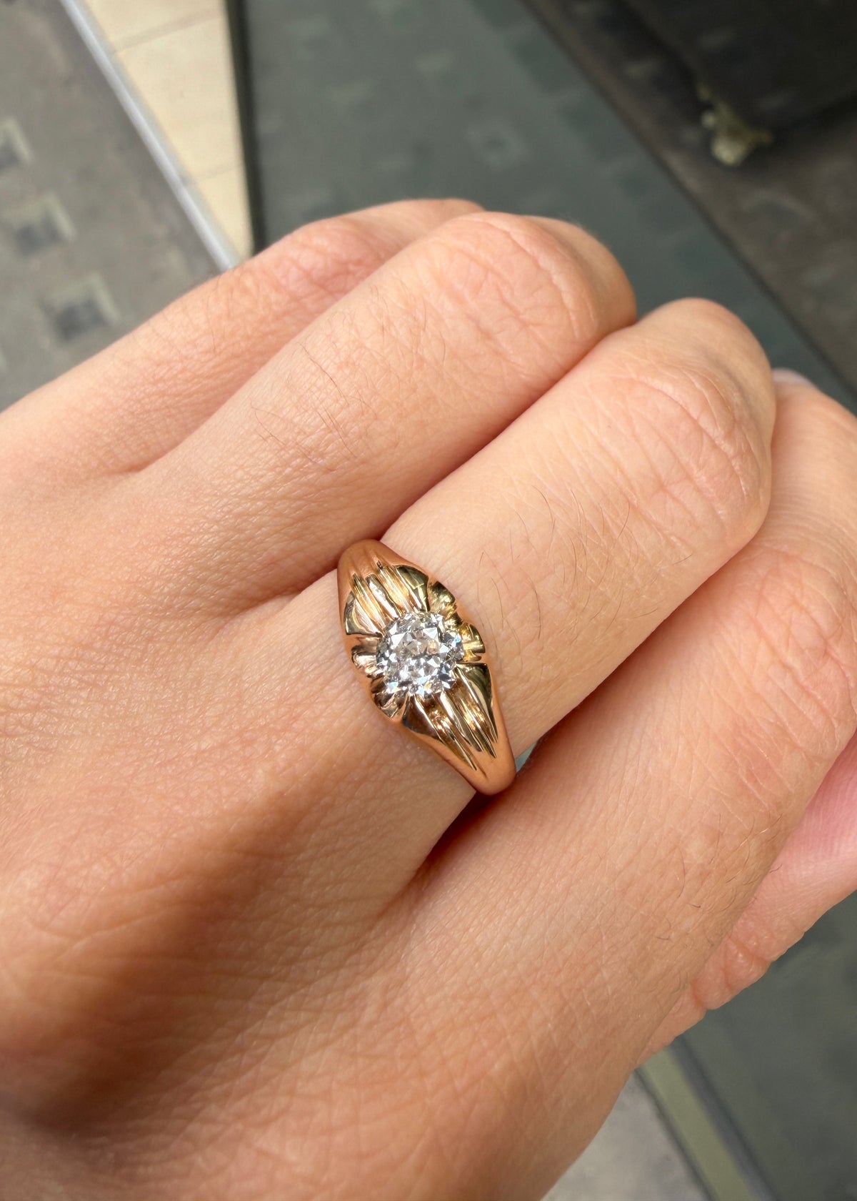 Vintage Old Mine Cut Diamond and 9 Carat Yellow Gold Gents Ring