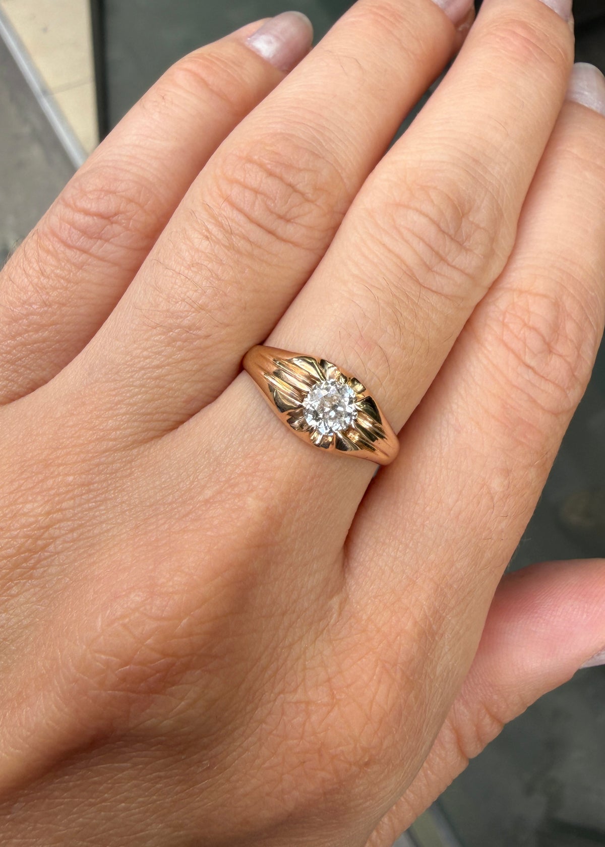 Vintage Old Mine Cut Diamond and 9 Carat Yellow Gold Gents Ring