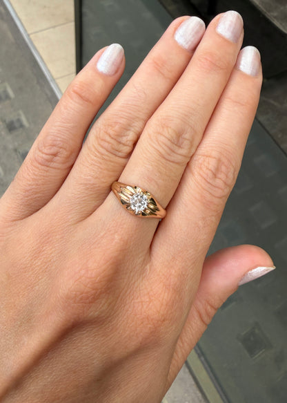 Vintage Old Mine Cut Diamond and 9 Carat Yellow Gold Gents Ring