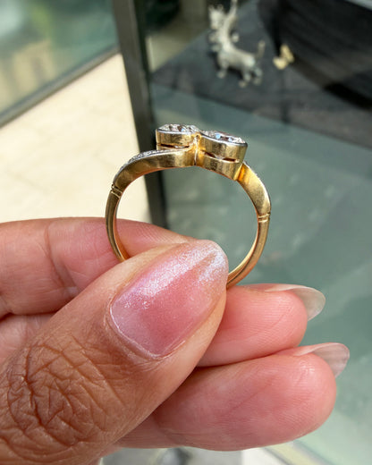 Old Cut Diamond Toi et Moi Crossover Engagement Ring in 18K Gold and Platinum