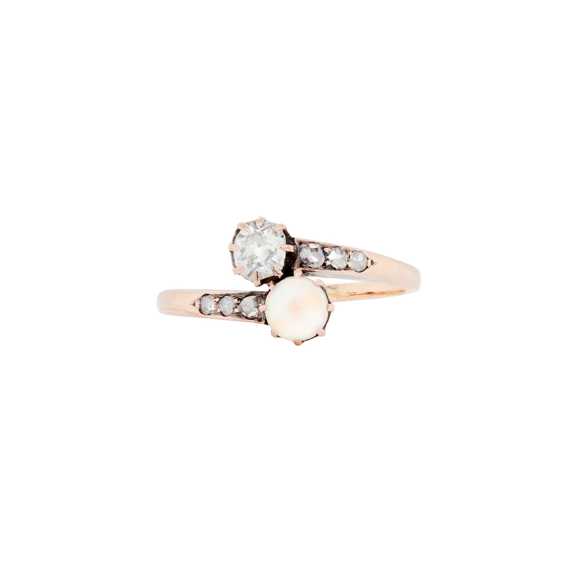 Opal & Diamond 14K Rose Gold Crossover Toi Et Moi Engagement Ring, c.1900s