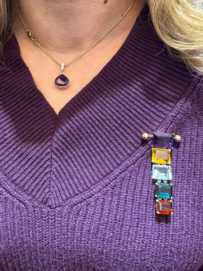 Vintage 18 Carat Rose Gold Emerald Cut Multi-Gemstone Banner Style Drop Brooch