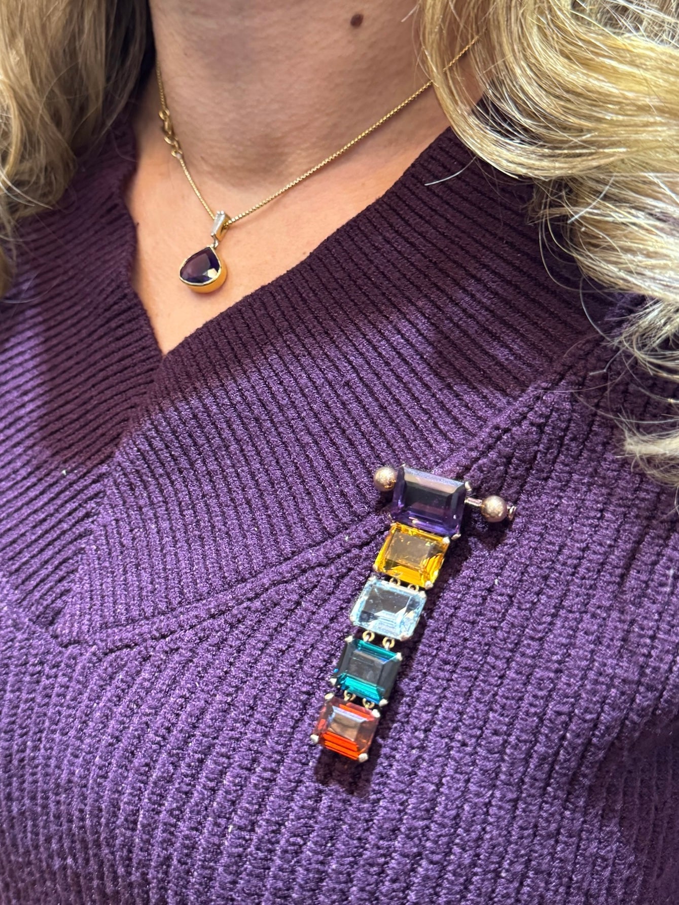 Vintage 18 Carat Rose Gold Emerald Cut Multi-Gemstone Banner Style Drop Brooch