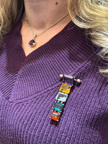 Vintage 18 Carat Rose Gold Emerald Cut Multi-Gemstone Banner Style Drop Brooch