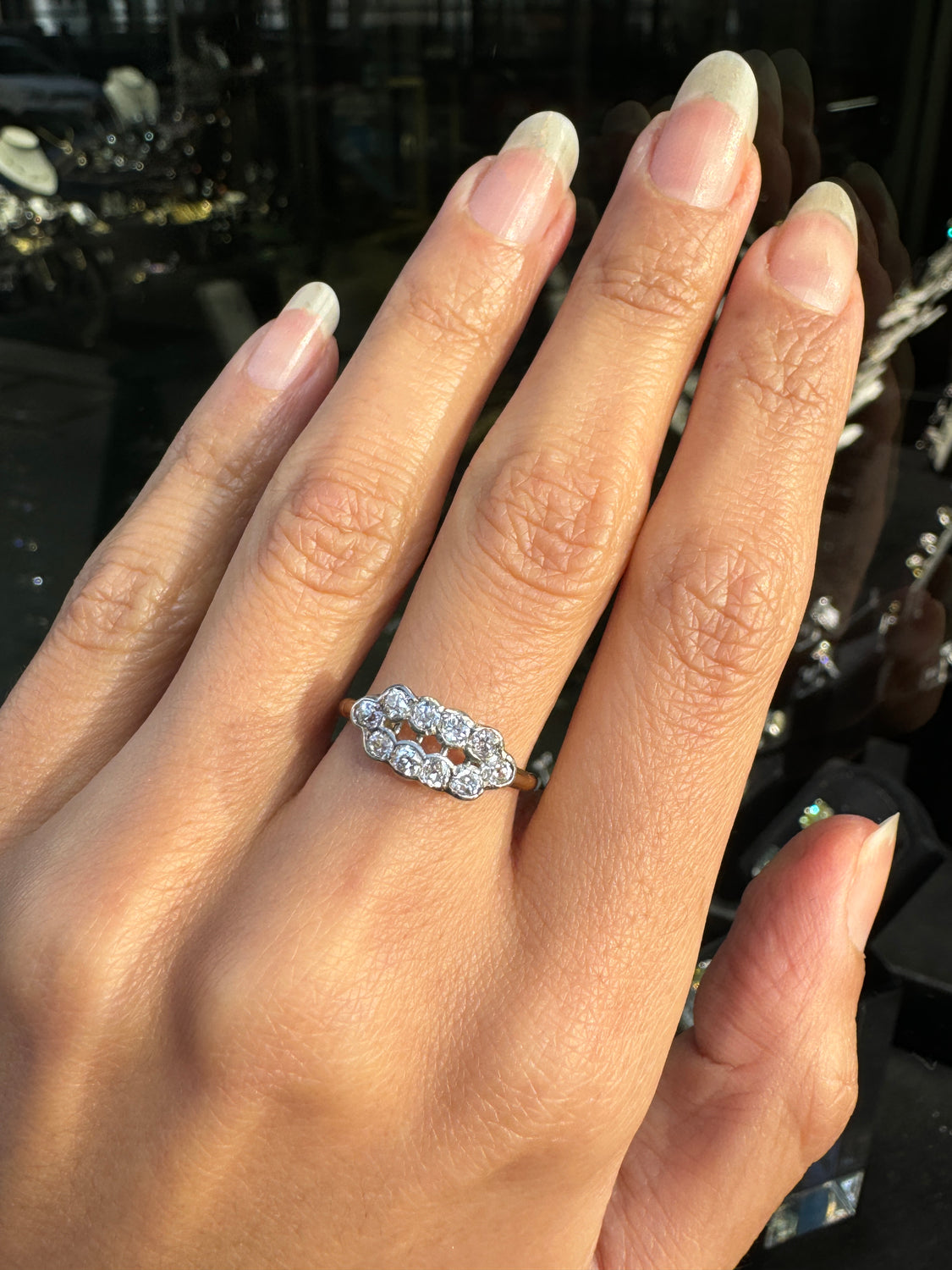 18 Carat Yellow Gold and Old Mine Cut Diamond Cluster Ring, Circa 1950s