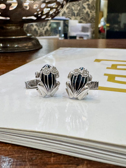 Black Enamel and Diamond 18 Carat White Gold Frog Cufflinks