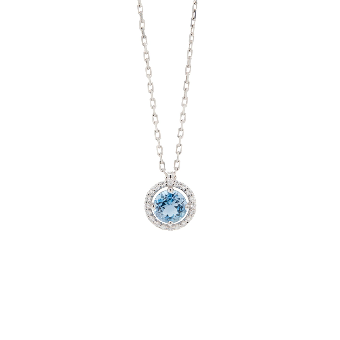 Round Aquamarine and Diamond Halo 18 Carat White Gold Cluster Pendant