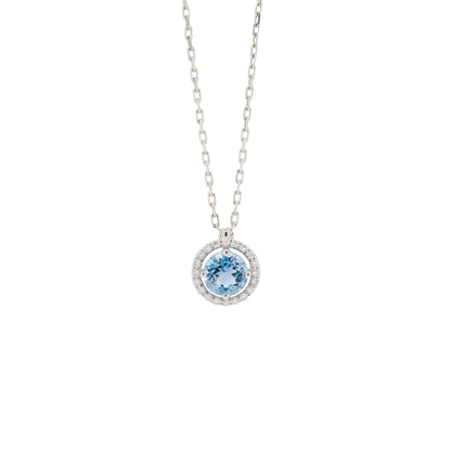 Round Aquamarine and Diamond Halo 18 Carat White Gold Cluster Pendant