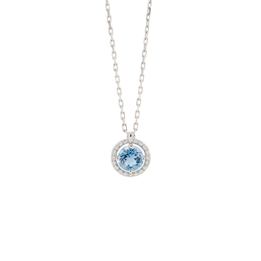 Round Aquamarine and Diamond Halo 18 Carat White Gold Cluster Pendant