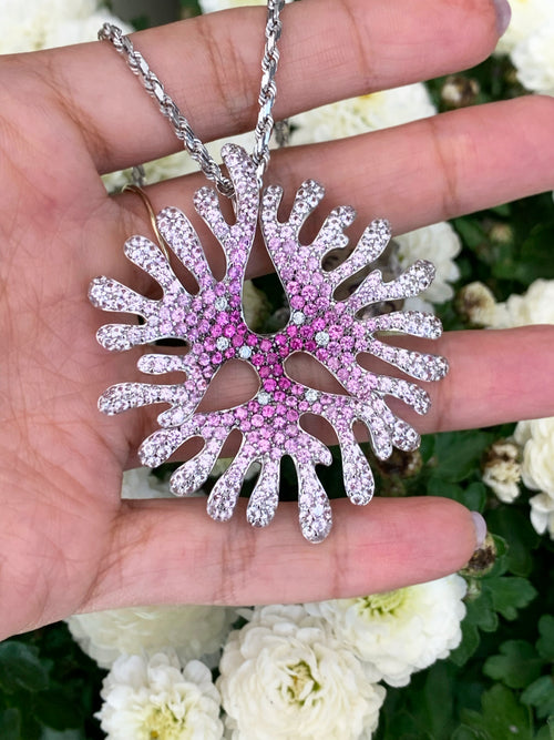 Pink and White Sapphire and Diamond 18 Carat Gold Coral Pendant and Chain