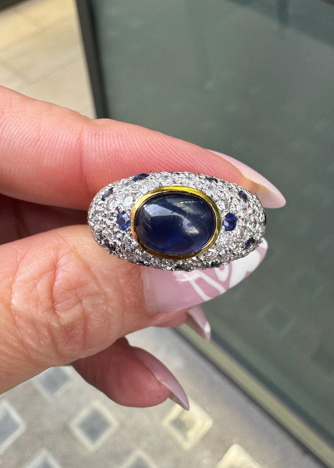 Oval Cabochon Blue Sapphire & Diamond Cluster Dome Dress Ring in 18 Carat Gold