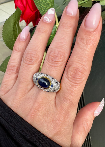 Oval Cabochon Blue Sapphire & Diamond Cluster Dome Dress Ring in 18 Carat Gold