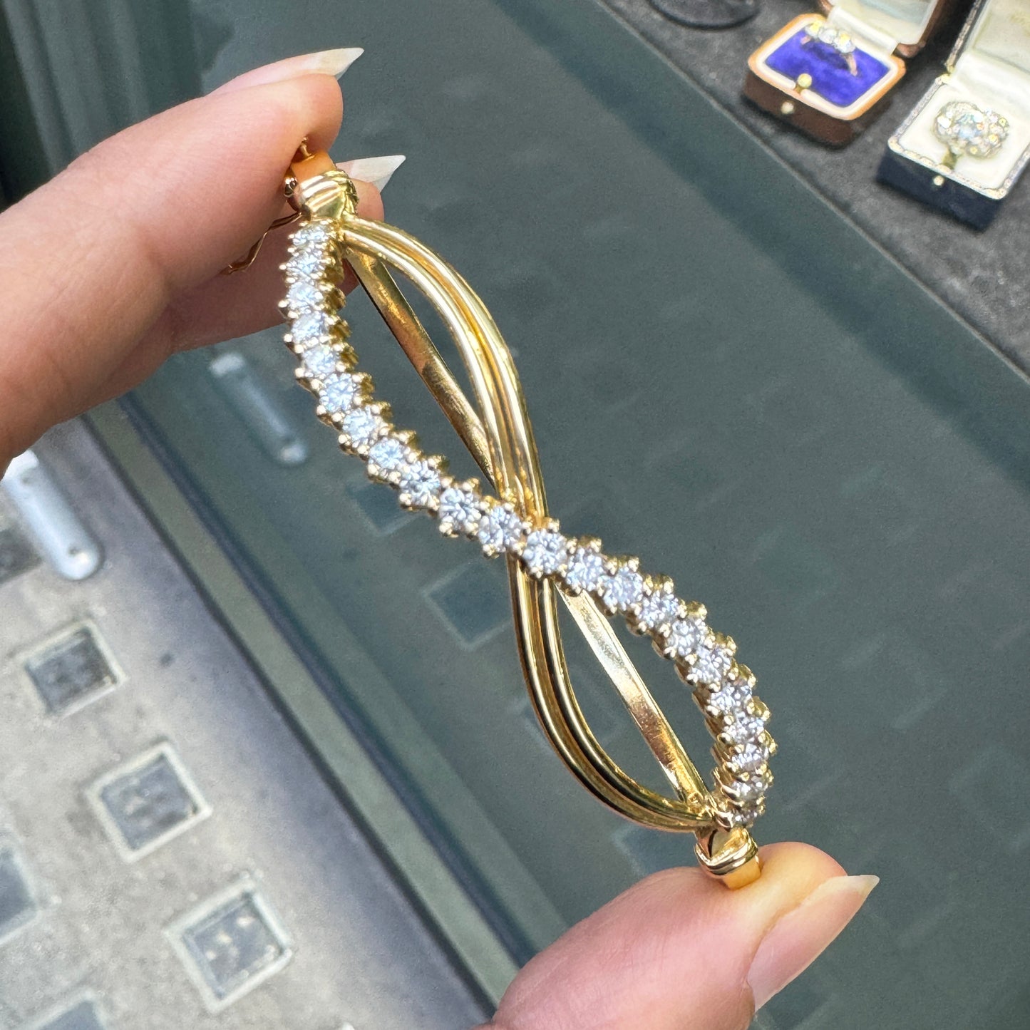 Diamond and 18 Carat Yellow Gold Infinity Bangle Bracelet