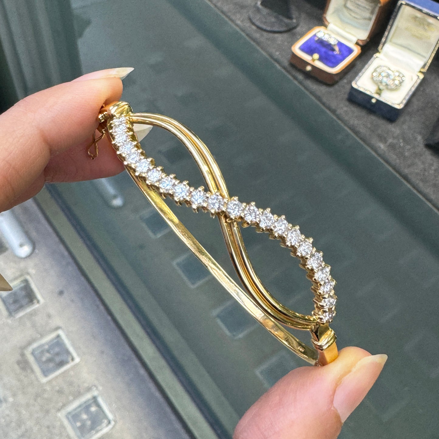 Diamond and 18 Carat Yellow Gold Infinity Bangle Bracelet