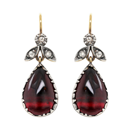 Pear Cabochon Garnet and Diamond Silver on 18 Carat Gold Drop Earrings