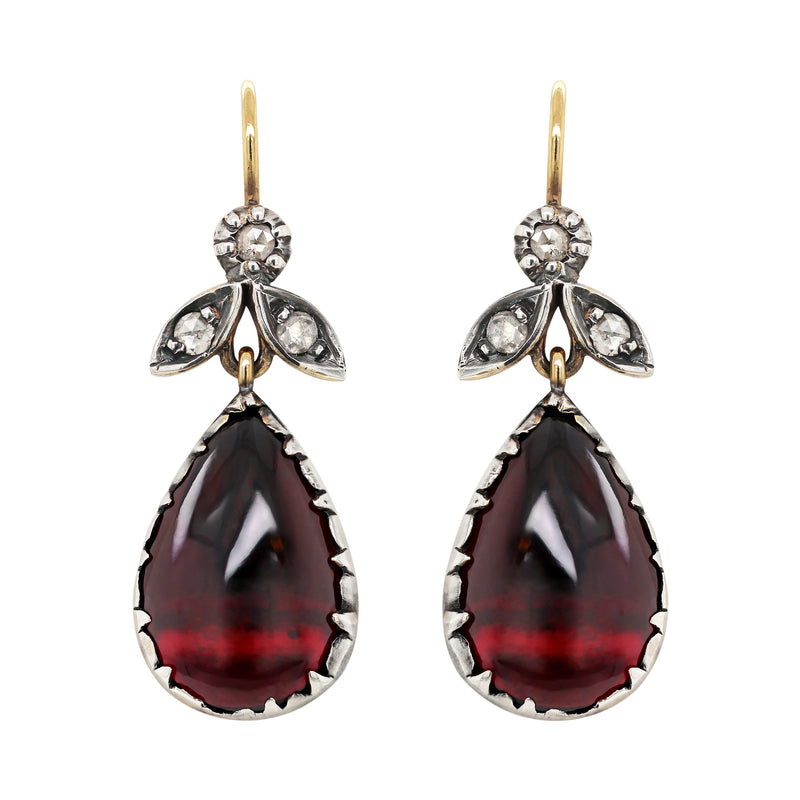 Pear Cabochon Garnet and Diamond Silver on 18 Carat Gold Drop Earrings
