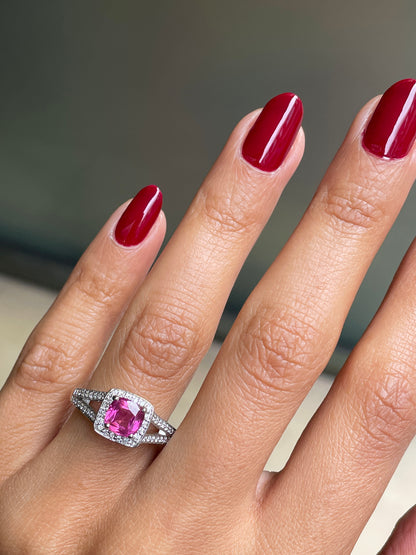 1.22 Carat Pink Sapphire and Diamond 18ct Gold Halo Cluster Engagement Ring