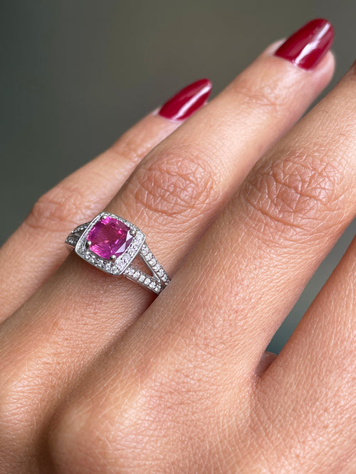 1.22 Carat Pink Sapphire and Diamond 18ct Gold Halo Cluster Engagement Ring