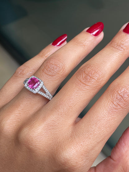 1.22 Carat Pink Sapphire and Diamond 18ct Gold Halo Cluster Engagement Ring