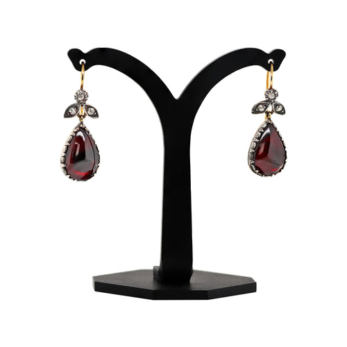 Pear Cabochon Garnet and Diamond Silver on 18 Carat Gold Drop Earrings