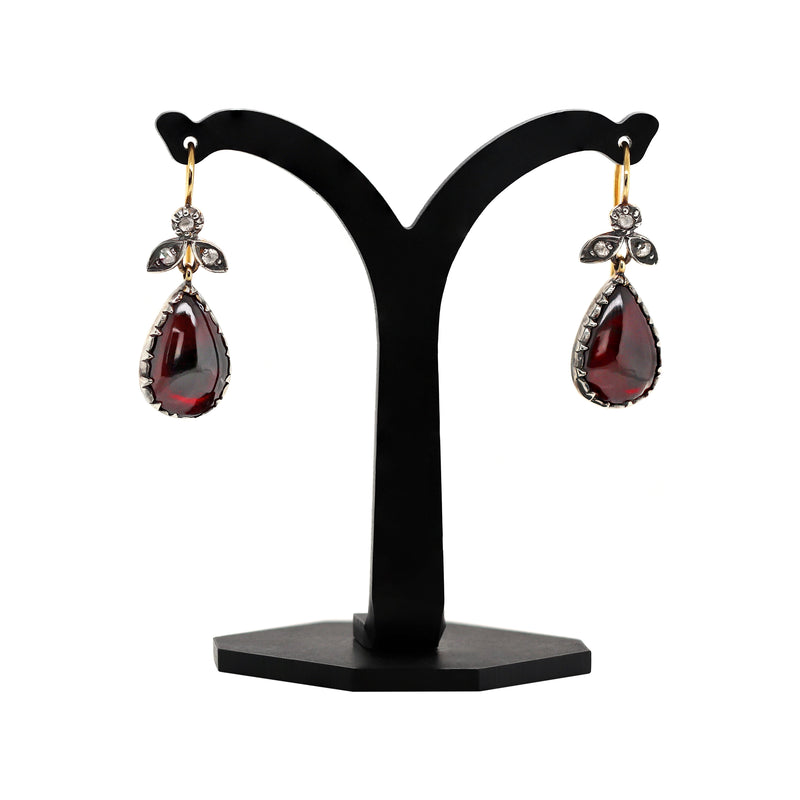 Pear Cabochon Garnet and Diamond Silver on 18 Carat Gold Drop Earrings