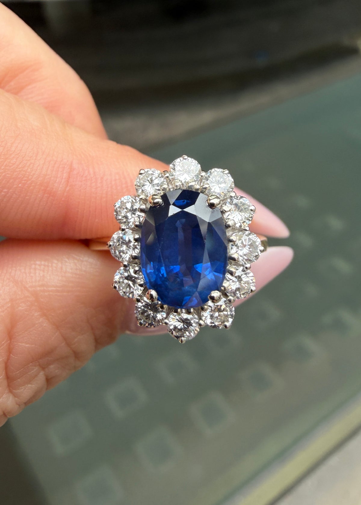 Blue Sapphire and Diamond Halo 18K White and Yellow Gold Cluster Engagement Ring