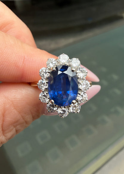 Blue Sapphire and Diamond Halo 18K White and Yellow Gold Cluster Engagement Ring