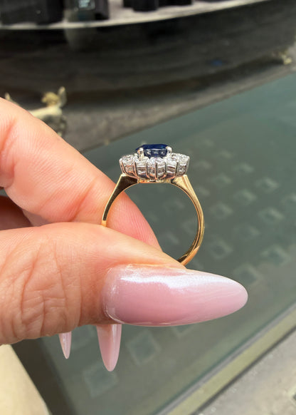 Blue Sapphire and Diamond Halo 18K White and Yellow Gold Cluster Engagement Ring
