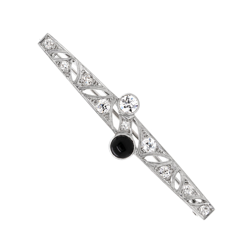 Art Deco Old Cut Diamond and Onyx Platinum Brooch, Circa 1920s