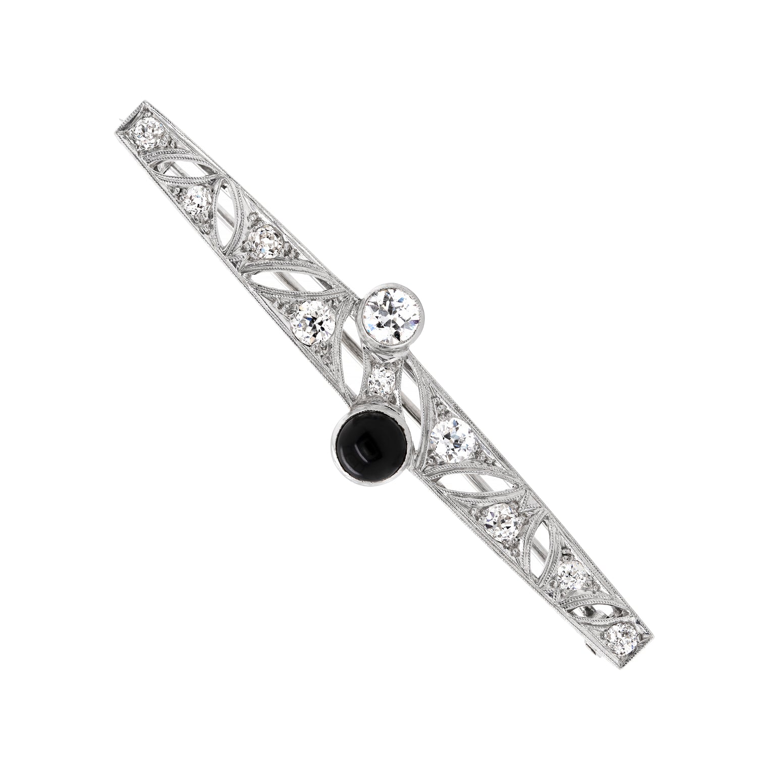 Art Deco Old Cut Diamond and Onyx Platinum Brooch, Circa 1920s