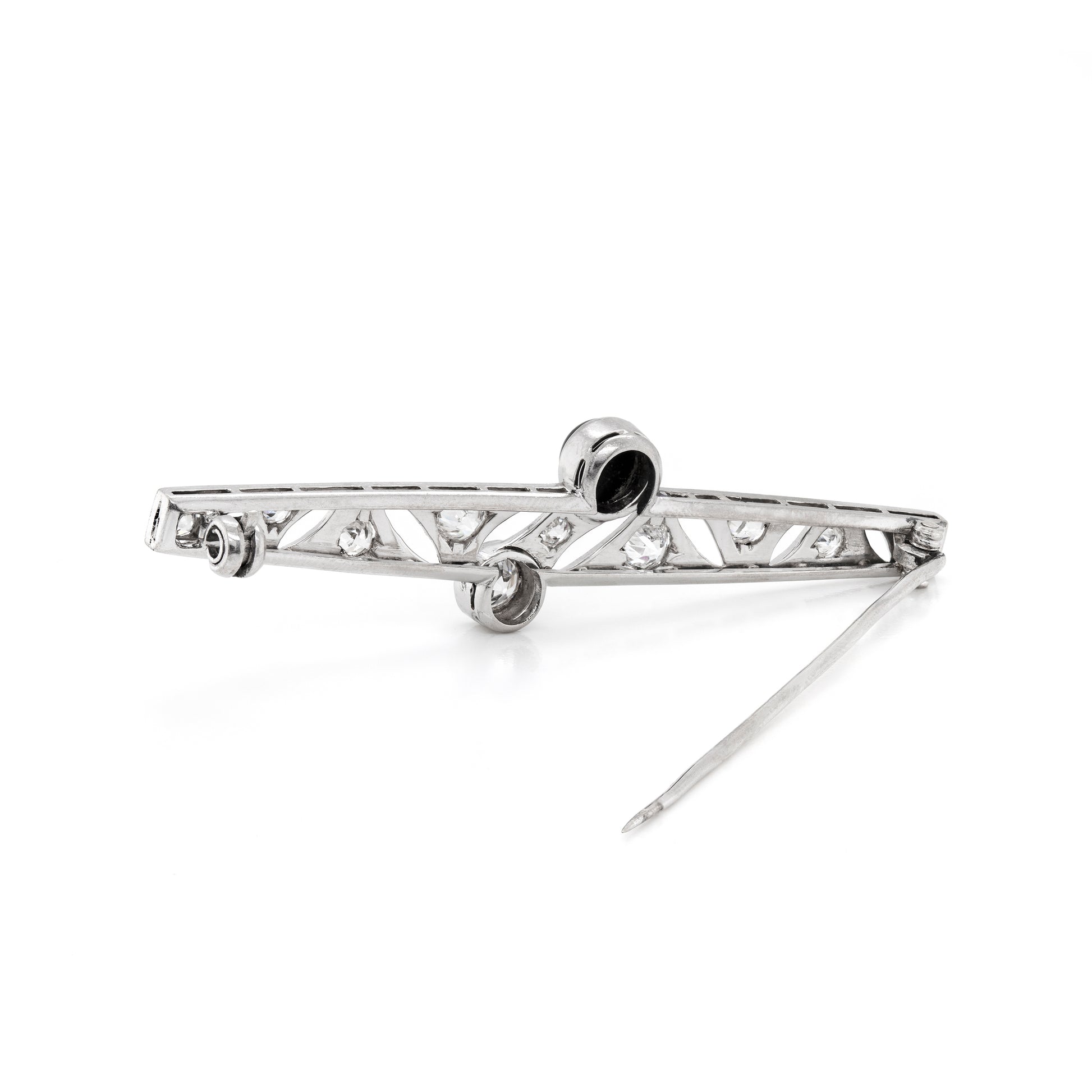 back of Art Deco Old Cut Diamond and Onyx Platinum Brooch, Circa 1920s