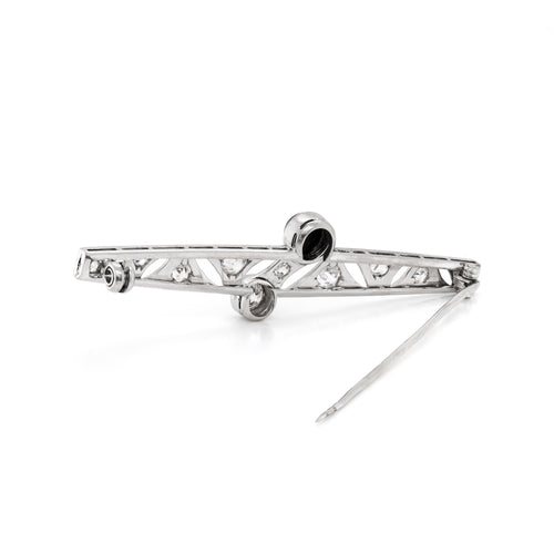 Art Deco Old Cut Diamond and Onyx Platinum Brooch, Circa 1920s