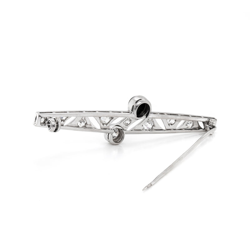 Art Deco Old Cut Diamond and Onyx Platinum Brooch, Circa 1920s