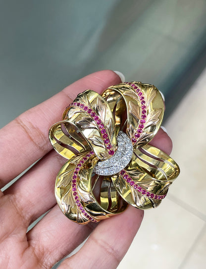Vintage 18ct Gold Diamond and Ruby Floral Ribbon Brooch, circa 1950's