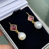 21 Carat South Sea Pearl and Pink Pyramid Cabochon Tourmaline Drop Earrings
