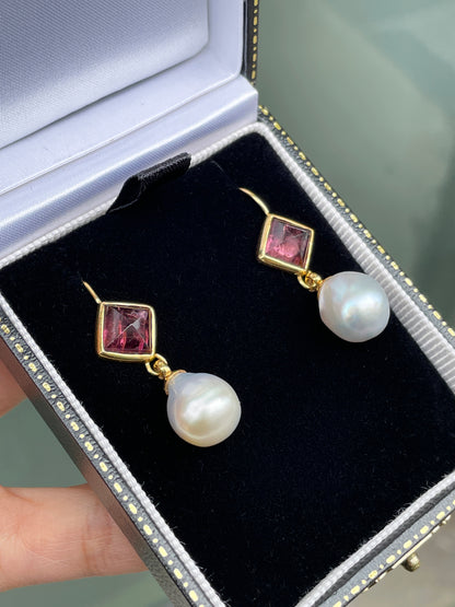 21 Carat South Sea Pearl and Pink Pyramid Cabochon Tourmaline Drop Earrings