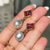 21 Carat South Sea Pearl and Pink Pyramid Cabochon Tourmaline Drop Earrings