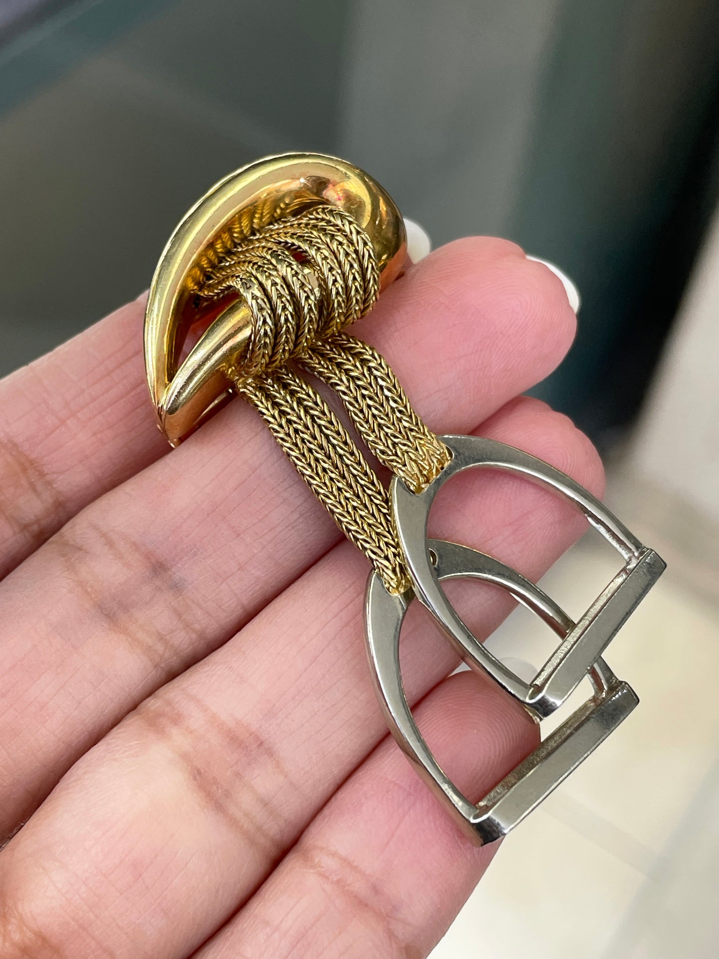 Vintage Hermes Two Tone 18 Carat Gold Equestrian Stirrup Brooch, French c.1960's